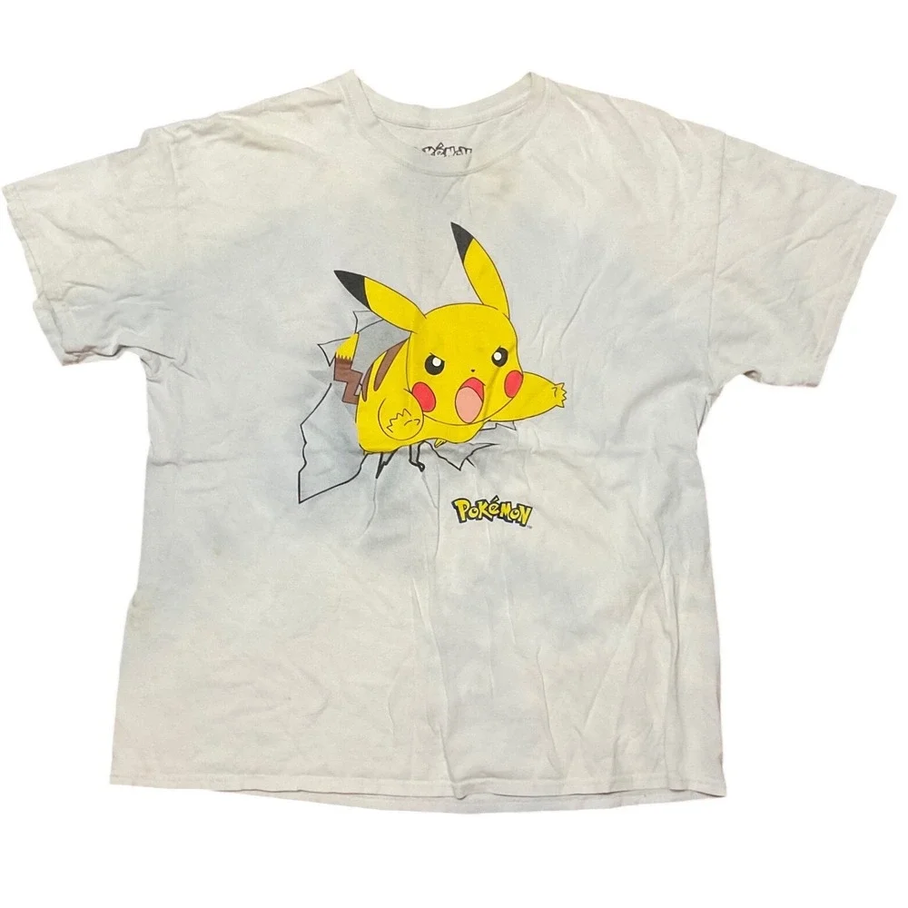 Pokemon Pikachu Graphic T-Shirt XL White Blue Cloud Wash Tie Dye Short Sleeve